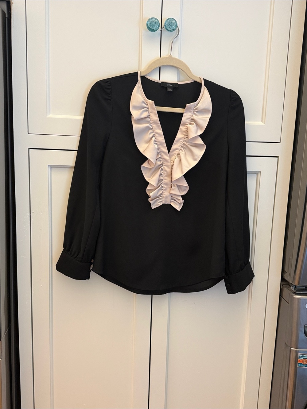 J. Crew Black Blouse with Cream Ruffle V-Neck